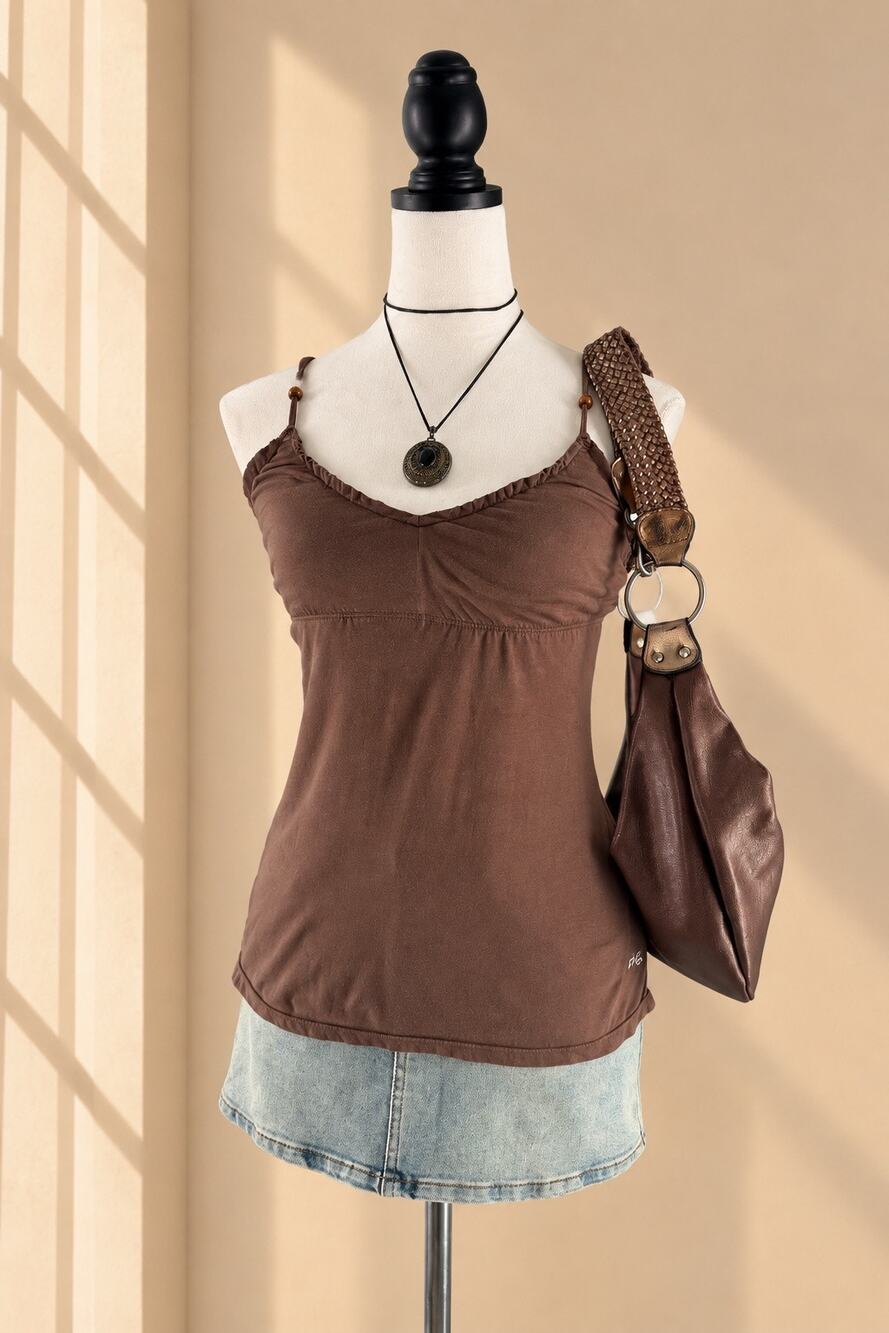 American Eagle Y2K Brown Ruched Empire Waist Cami Tank Top